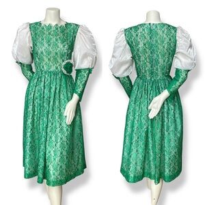Handmade Dress Green Lace Puffed Sleeves Rosette Waist Halloween‎ Costume Unique